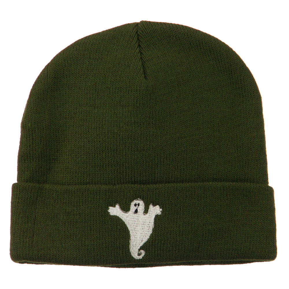 Halloween Spooky Ghost Embroidered Long Beanie - Olive OSFM