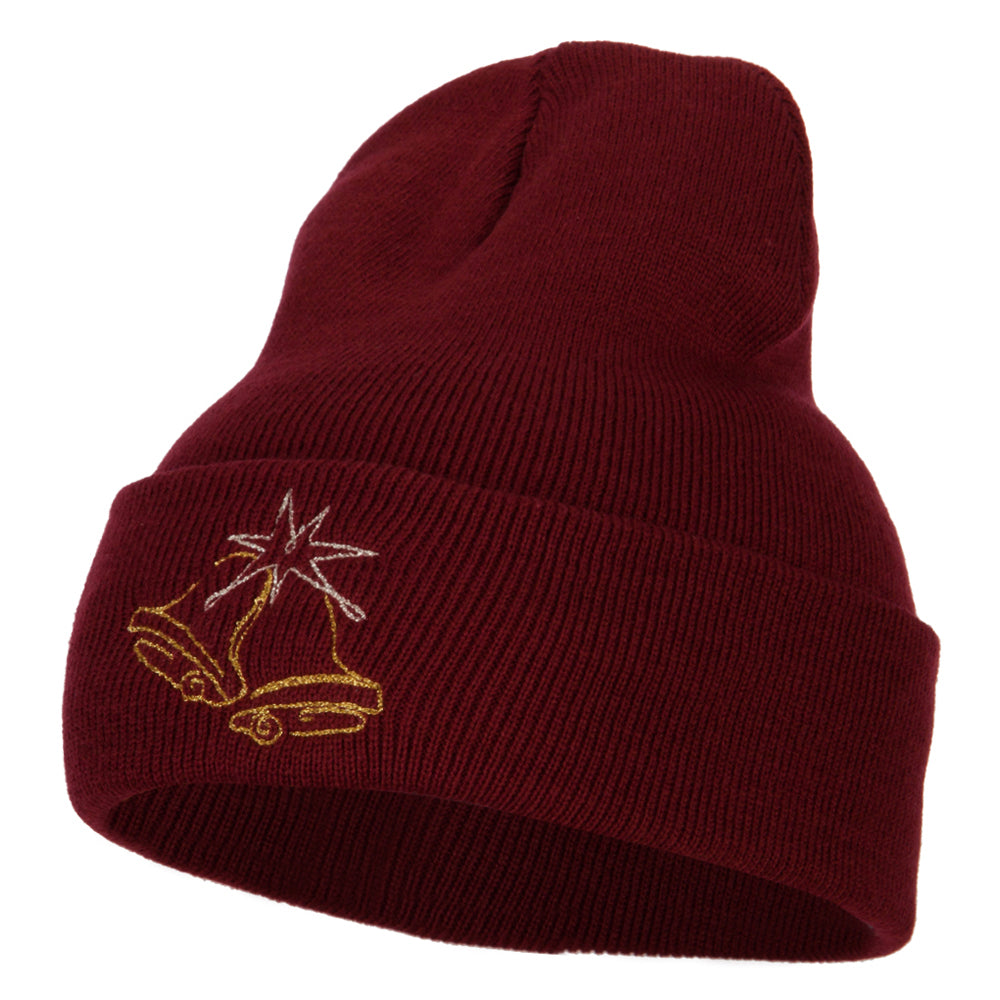 Glitter Christmas Bells Embroidered Long Knitted Beanie - Maroon OSFM