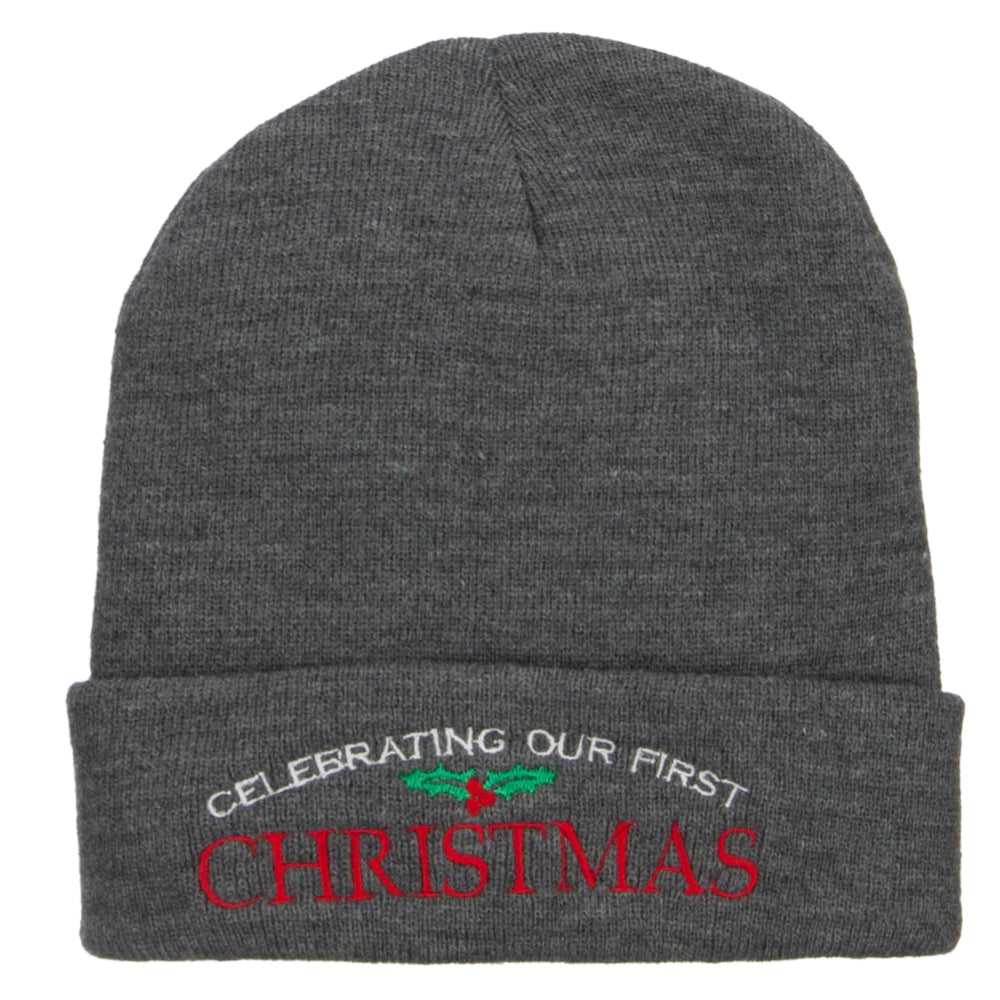 Celebrating First Christmas Embroidered Long Beanie - Dk Grey OSFM