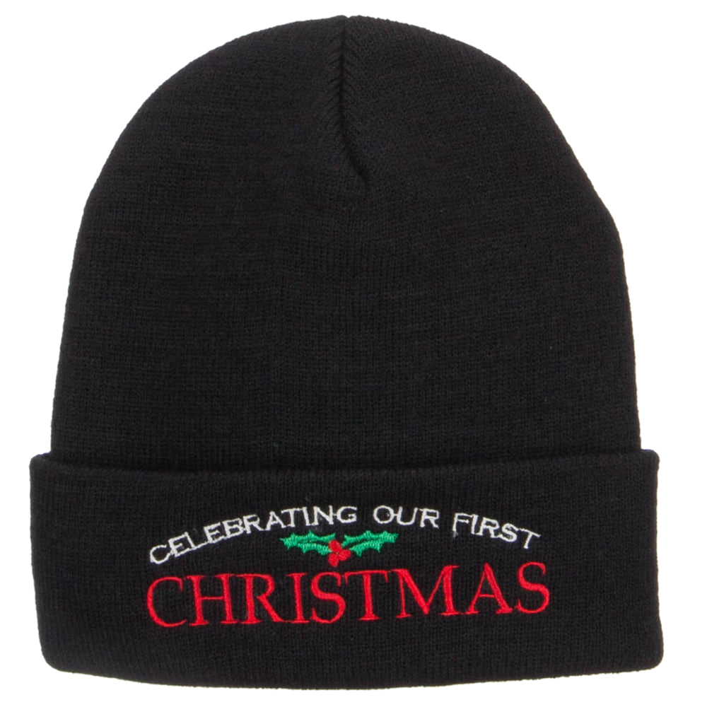 Celebrating First Christmas Embroidered Long Beanie - Black OSFM