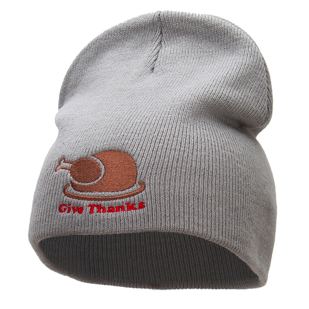 Give Thanks Embroidered Knitted Long Beanie - Grey OSFM