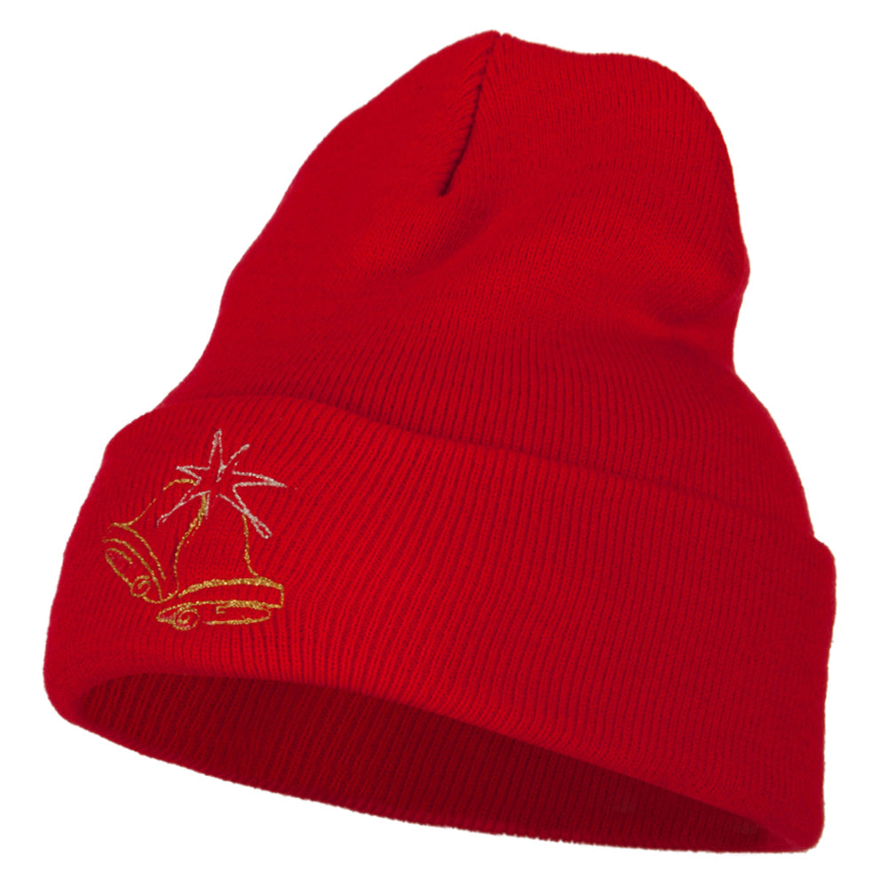 Glitter Christmas Bells Embroidered Long Knitted Beanie - Red OSFM