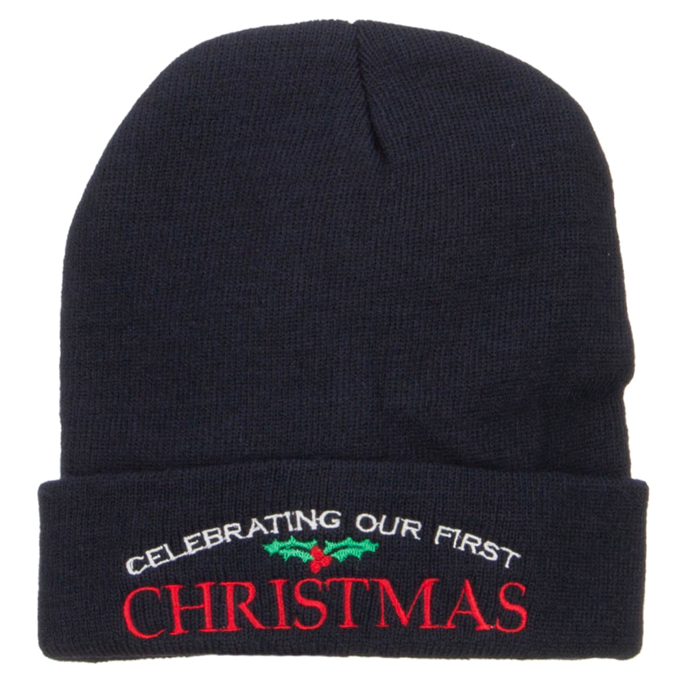 Celebrating First Christmas Embroidered Long Beanie - Navy OSFM