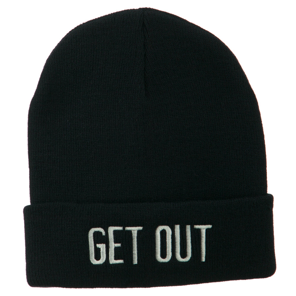 Get Out Embroidered Long Knit Beanie - Navy OSFM