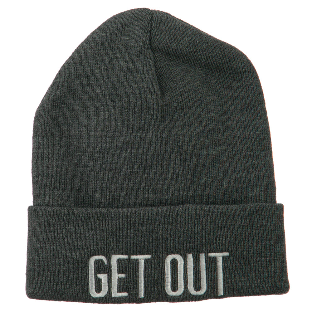 Get Out Embroidered Long Knit Beanie - Grey OSFM