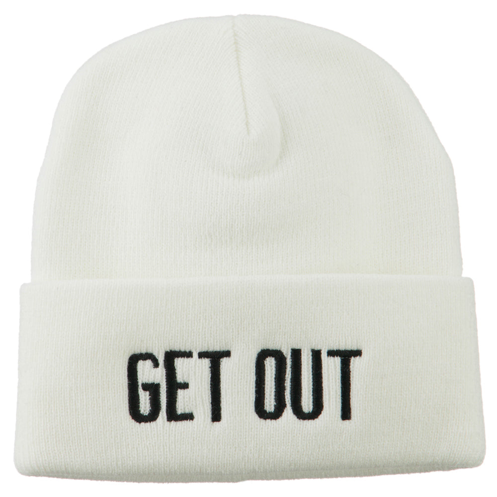 Get Out Embroidered Long Knit Beanie - White OSFM