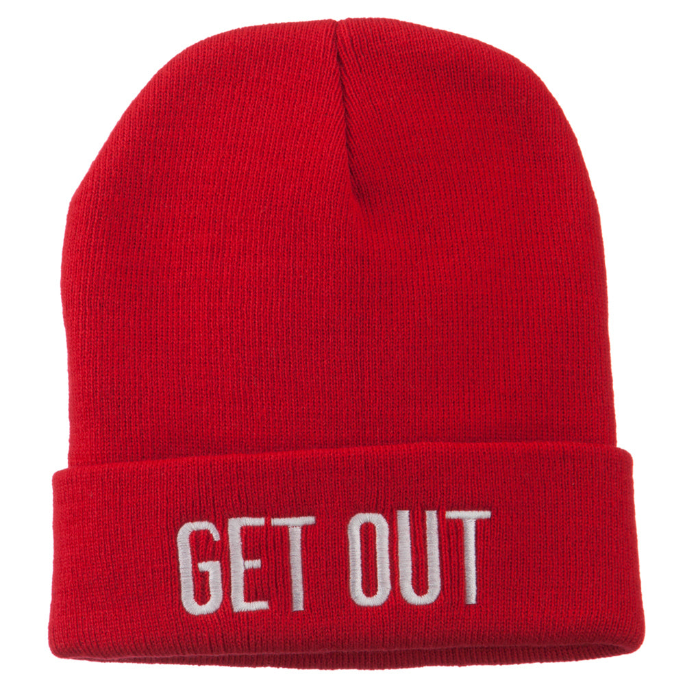 Get Out Embroidered Long Knit Beanie - Red OSFM