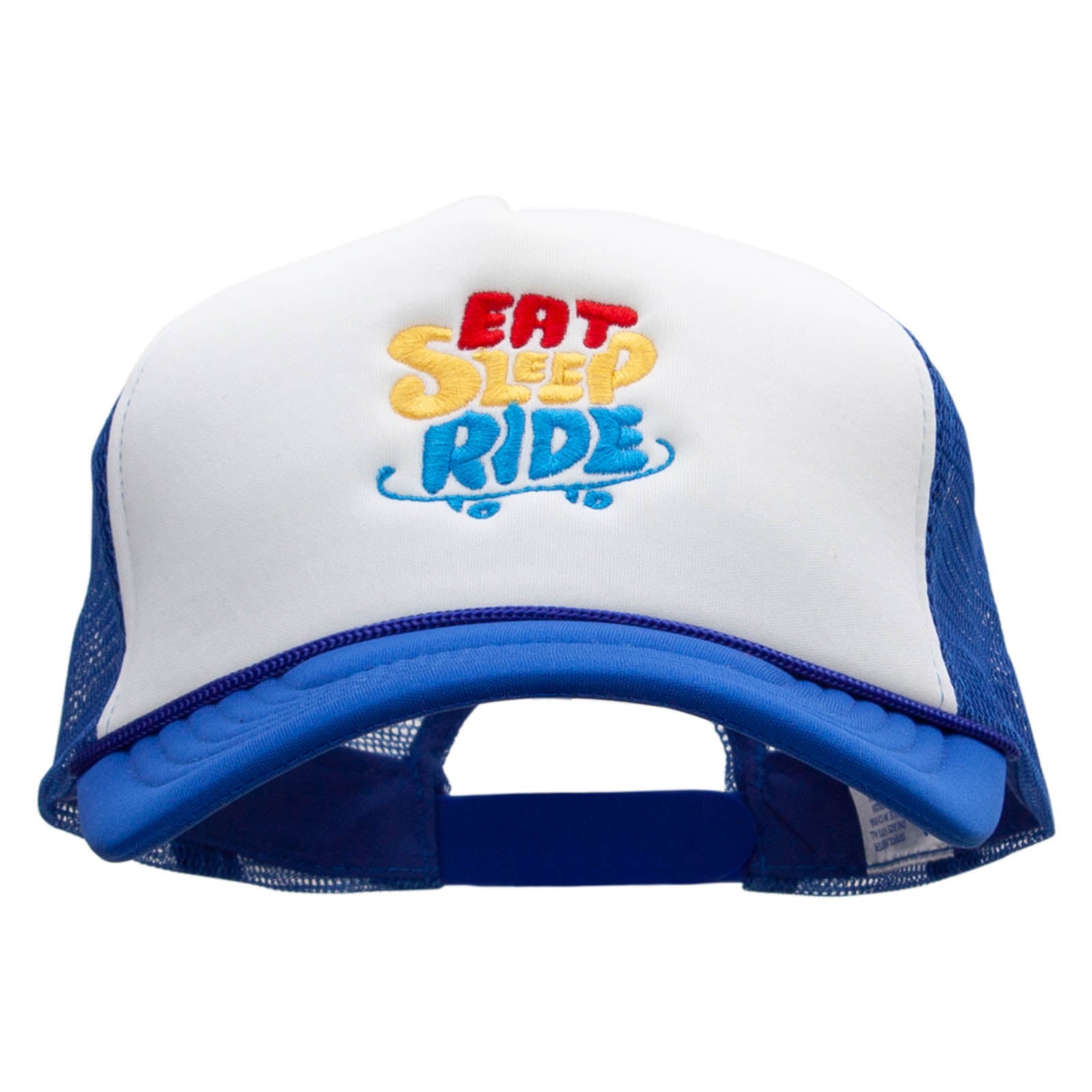 Eat Sleep Ride Embroidered Foam Panel Mesh Snapback - Royal White OSFM