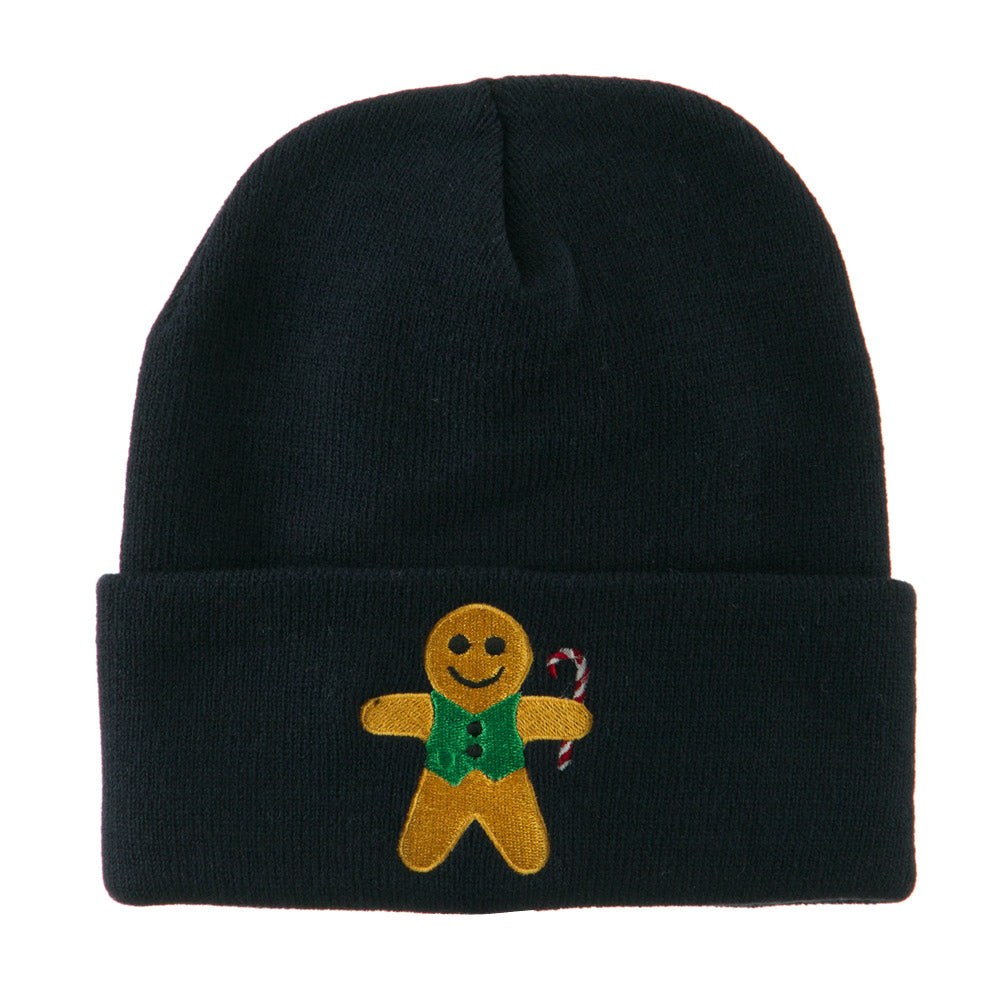 Gingerbread Man with Candy Cane Embroidered Beanie - Navy OSFM