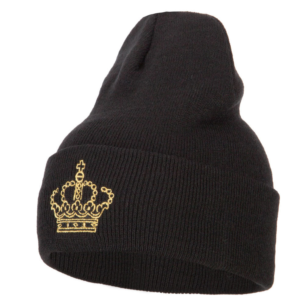 Glitter Crown Embroidered Knitted Long Beanie - Black OSFM