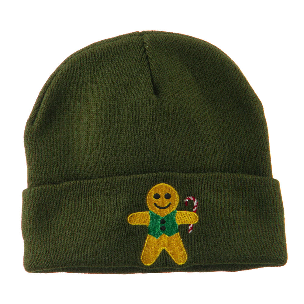 Gingerbread Man with Candy Cane Embroidered Beanie - Olive OSFM