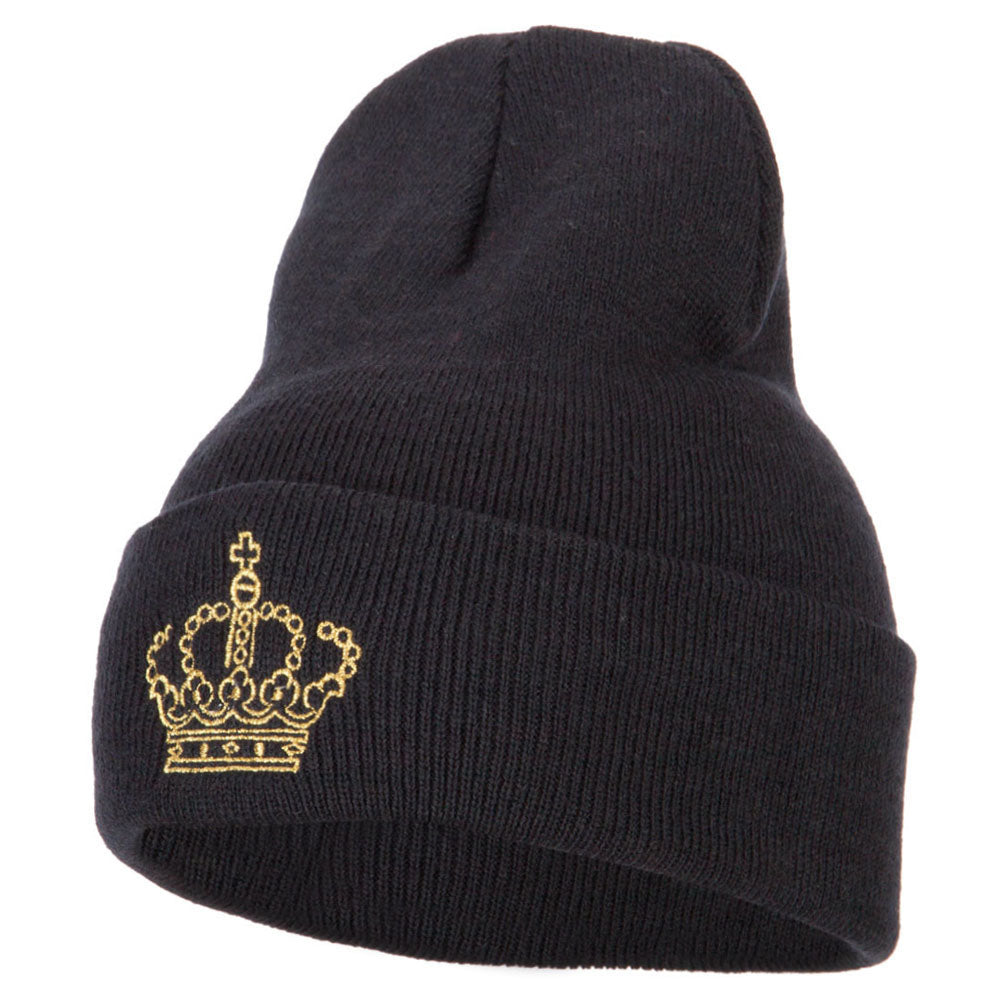 Glitter Crown Embroidered Knitted Long Beanie - Navy OSFM