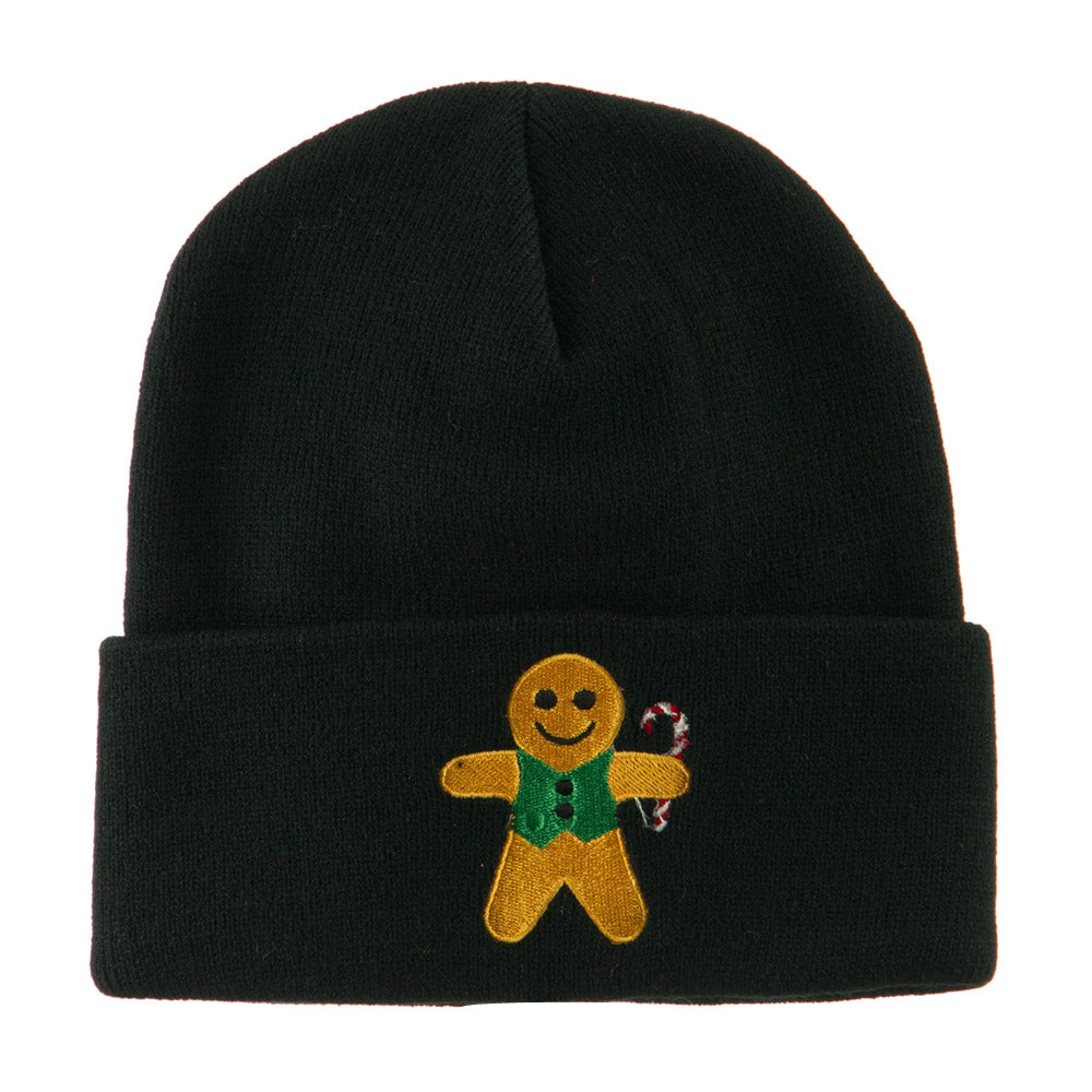 Gingerbread Man with Candy Cane Embroidered Beanie - Black OSFM