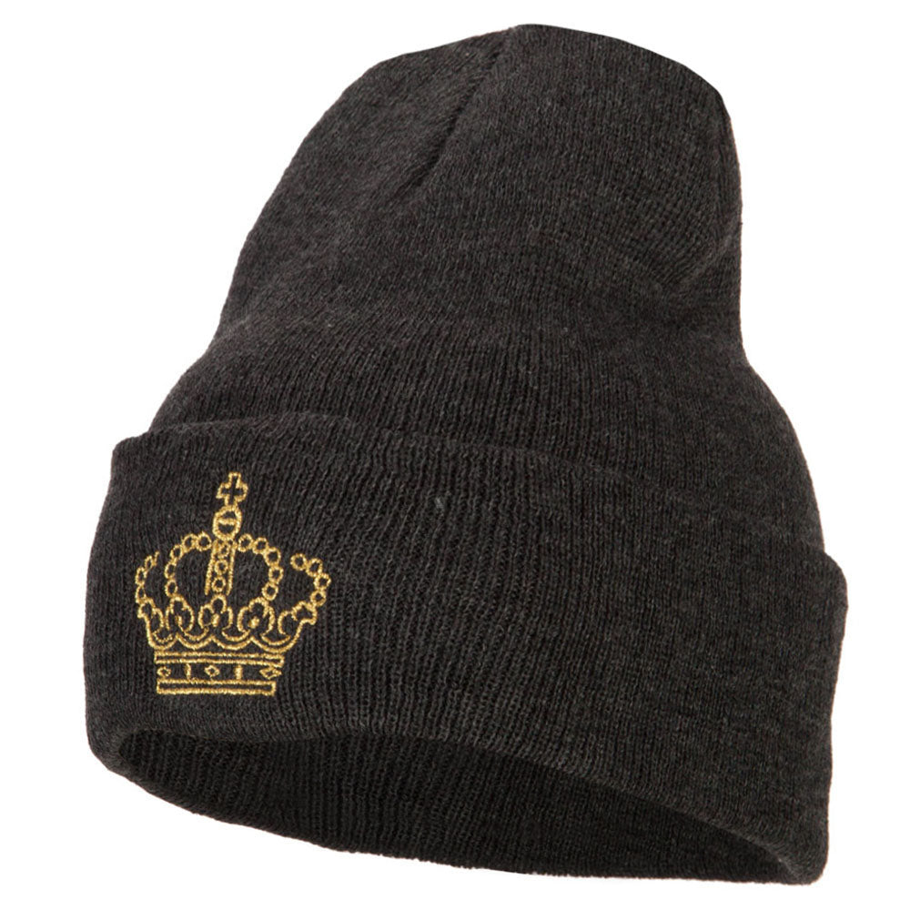 Glitter Crown Embroidered Knitted Long Beanie - Dk Grey OSFM
