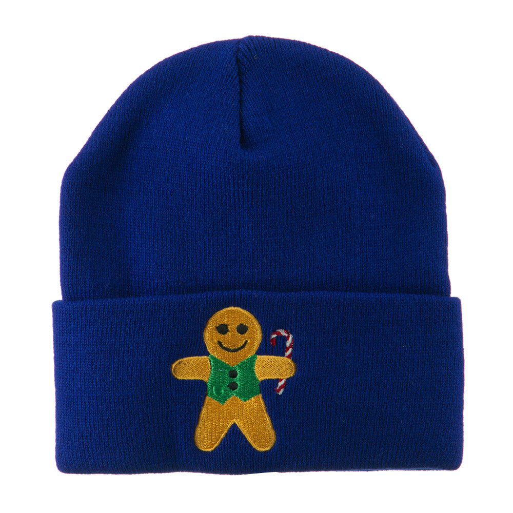 Gingerbread Man with Candy Cane Embroidered Beanie - Royal OSFM