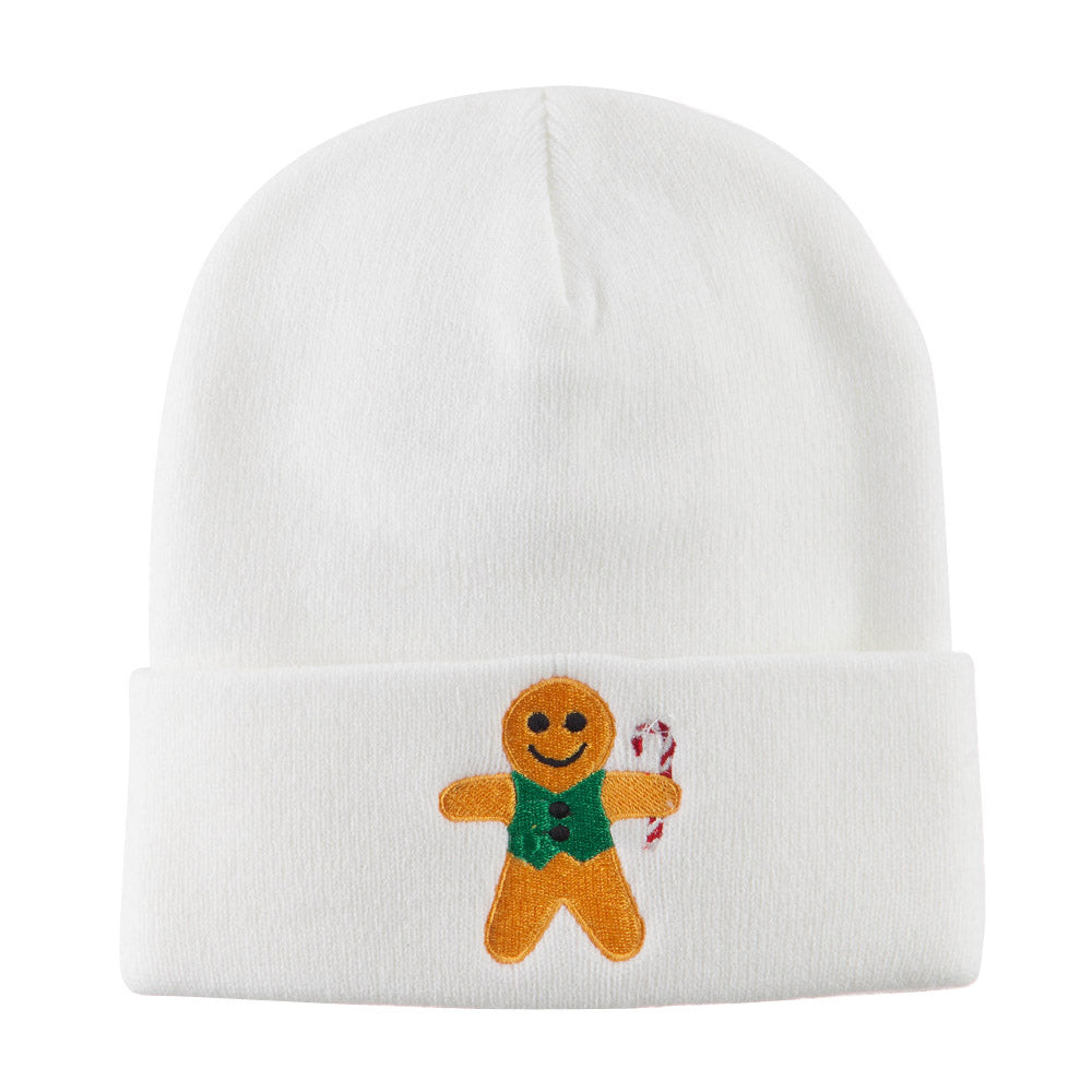 Gingerbread Man with Candy Cane Embroidered Beanie - White OSFM