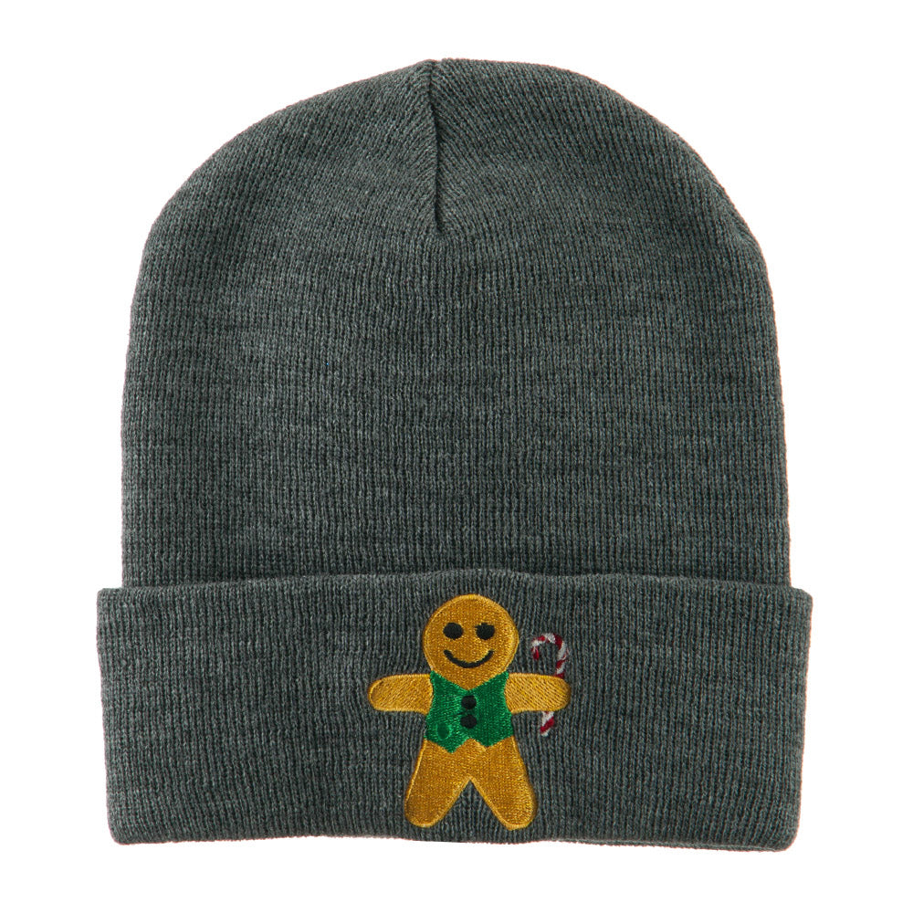 Gingerbread Man with Candy Cane Embroidered Beanie - Grey OSFM