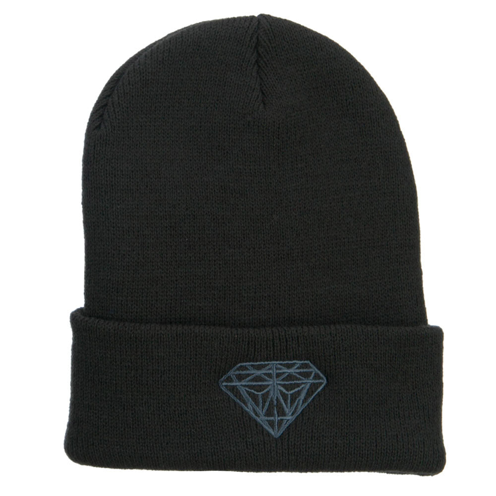 Grey Diamond Embroidered Cuffed Long Beanie - Dk Grey OSFM