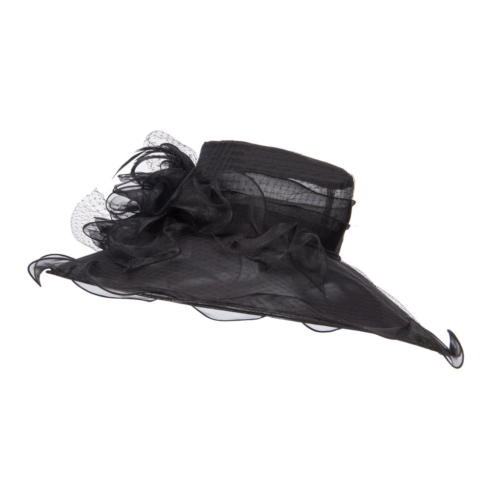 Ruffled Flower Organza Hat with Net - Black OSFM