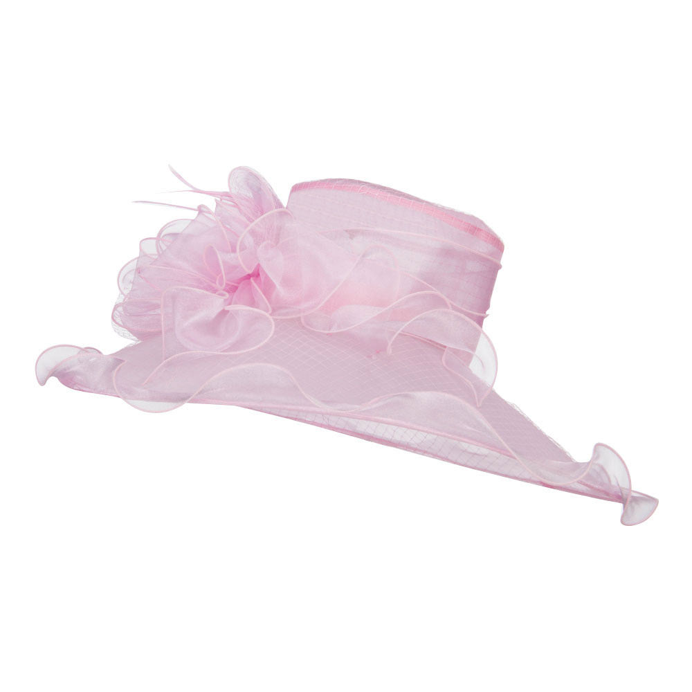 Ruffled Flower Organza Hat with Net - Pink OSFM