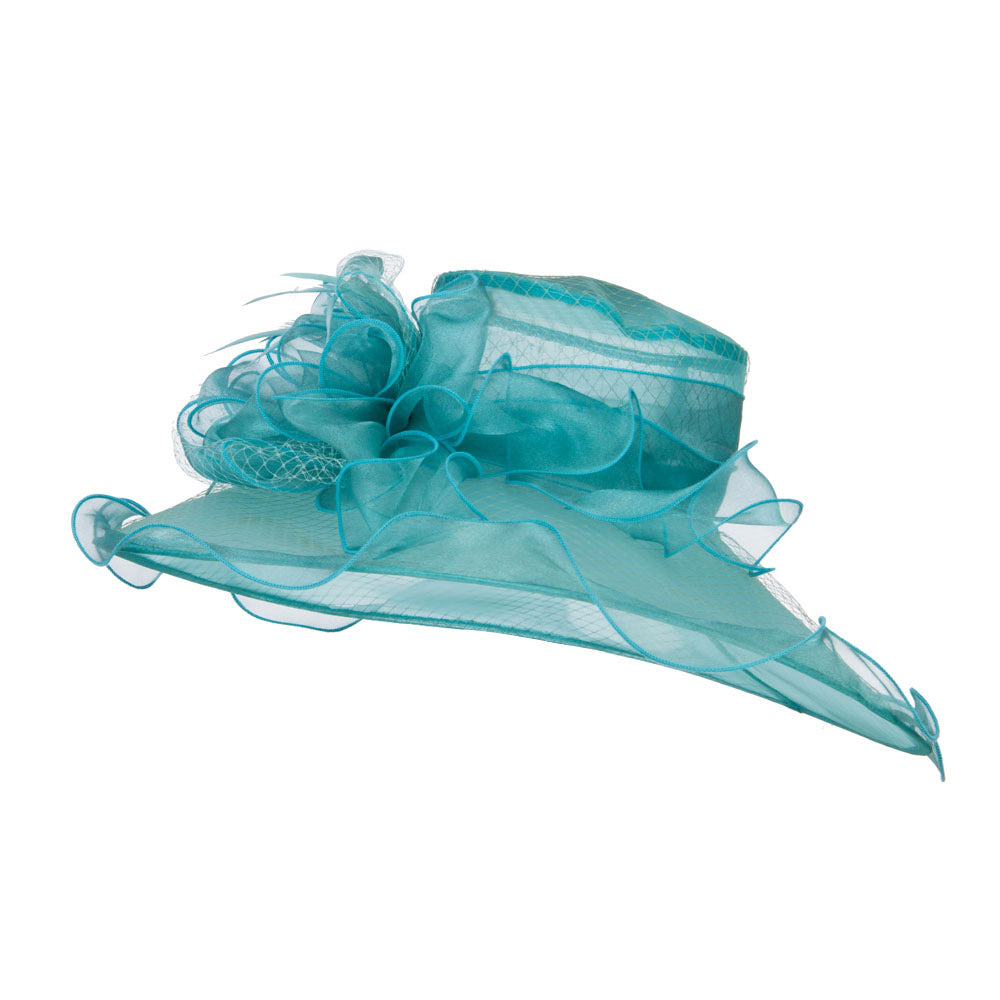 Ruffled Flower Organza Hat with Net - Turquoise OSFM