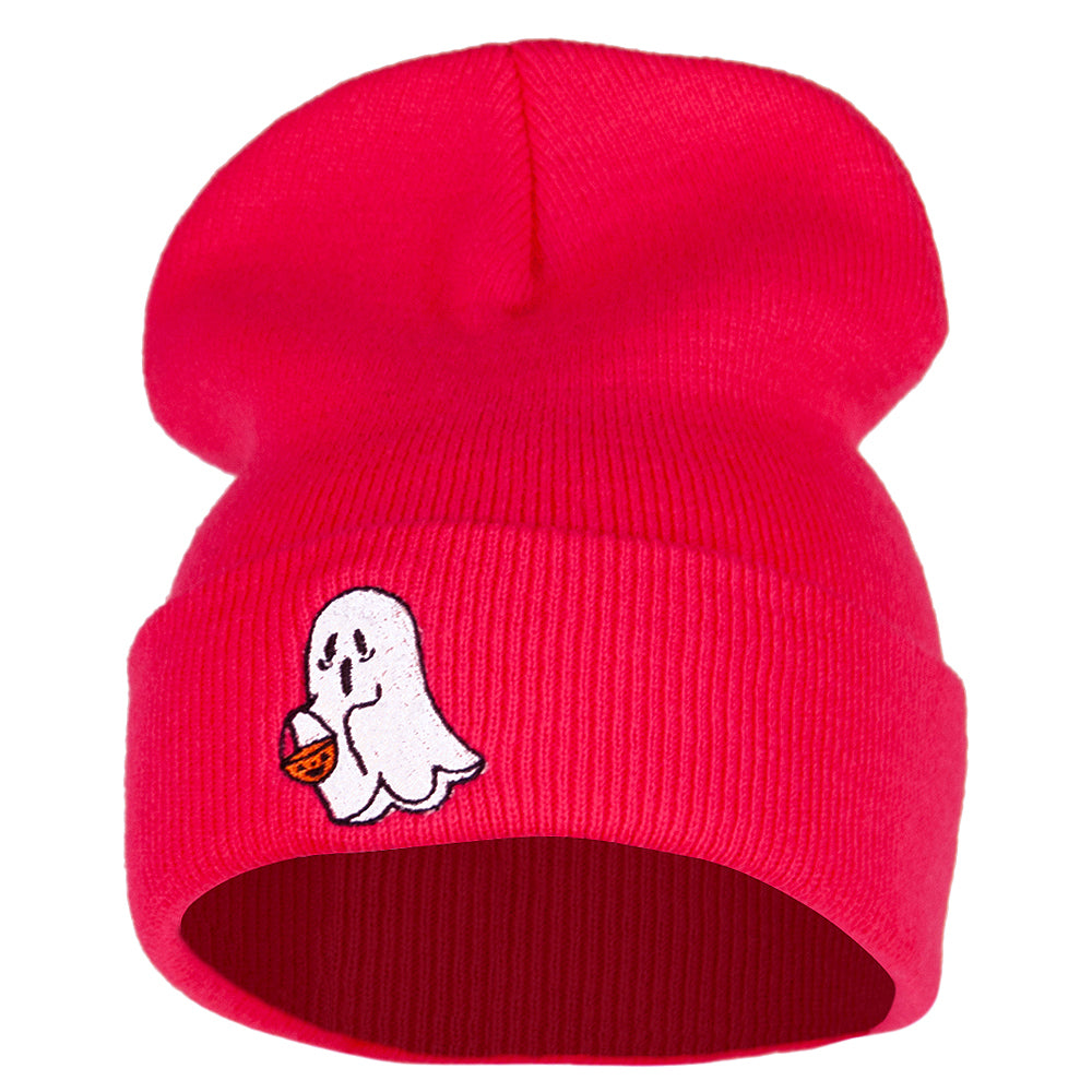 Halloween Trick or Treating Ghost Embroidered Long Knitted Beanie - Magenta OSFM