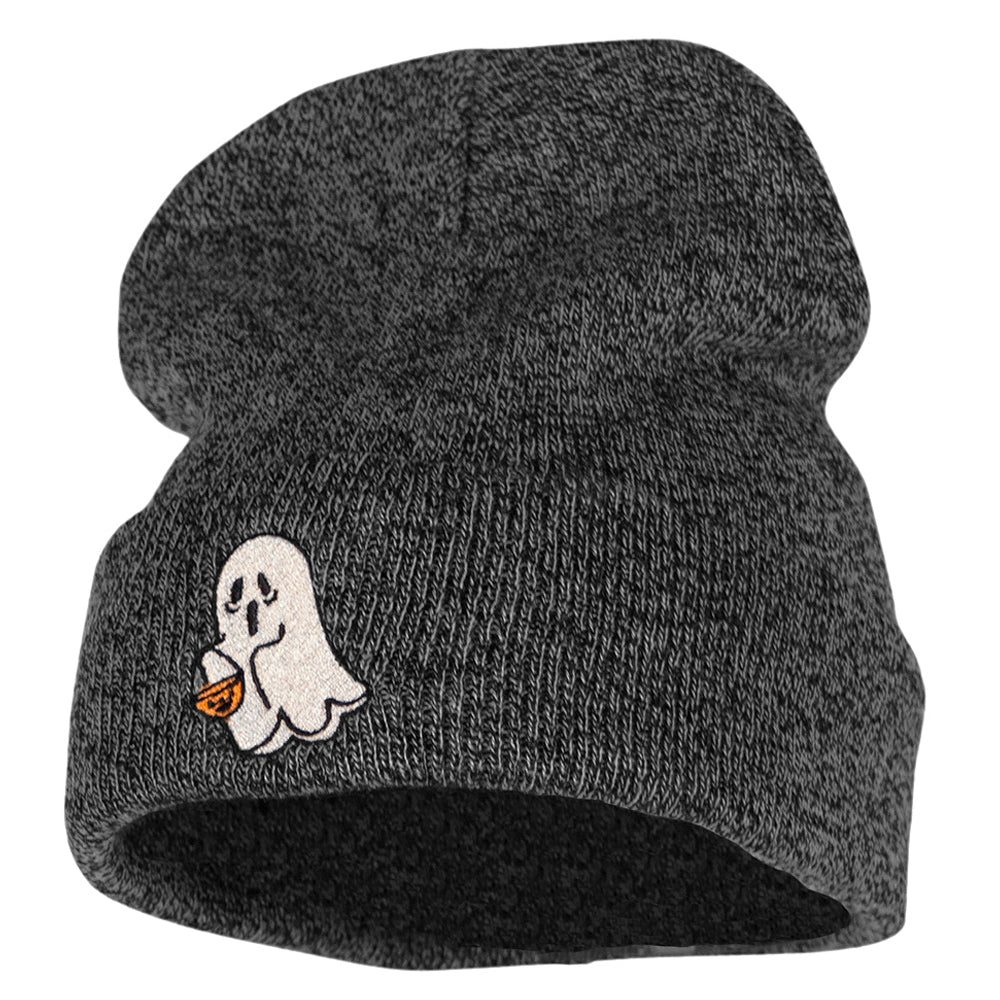 Halloween Trick or Treating Ghost Embroidered Long Knitted Beanie - Black Marled OSFM