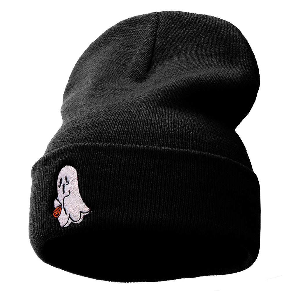 Halloween Trick or Treating Ghost Embroidered Long Knitted Beanie - Black OSFM