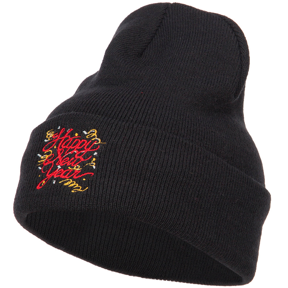 Happy New Year Embroidered Long Knitted Beanie - Black OSFM
