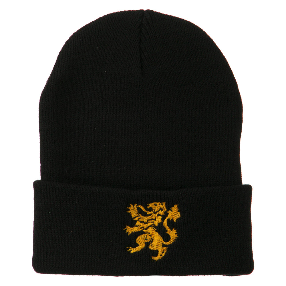 Heraldic Lion Embroidered Long Beanie - Black OSFM