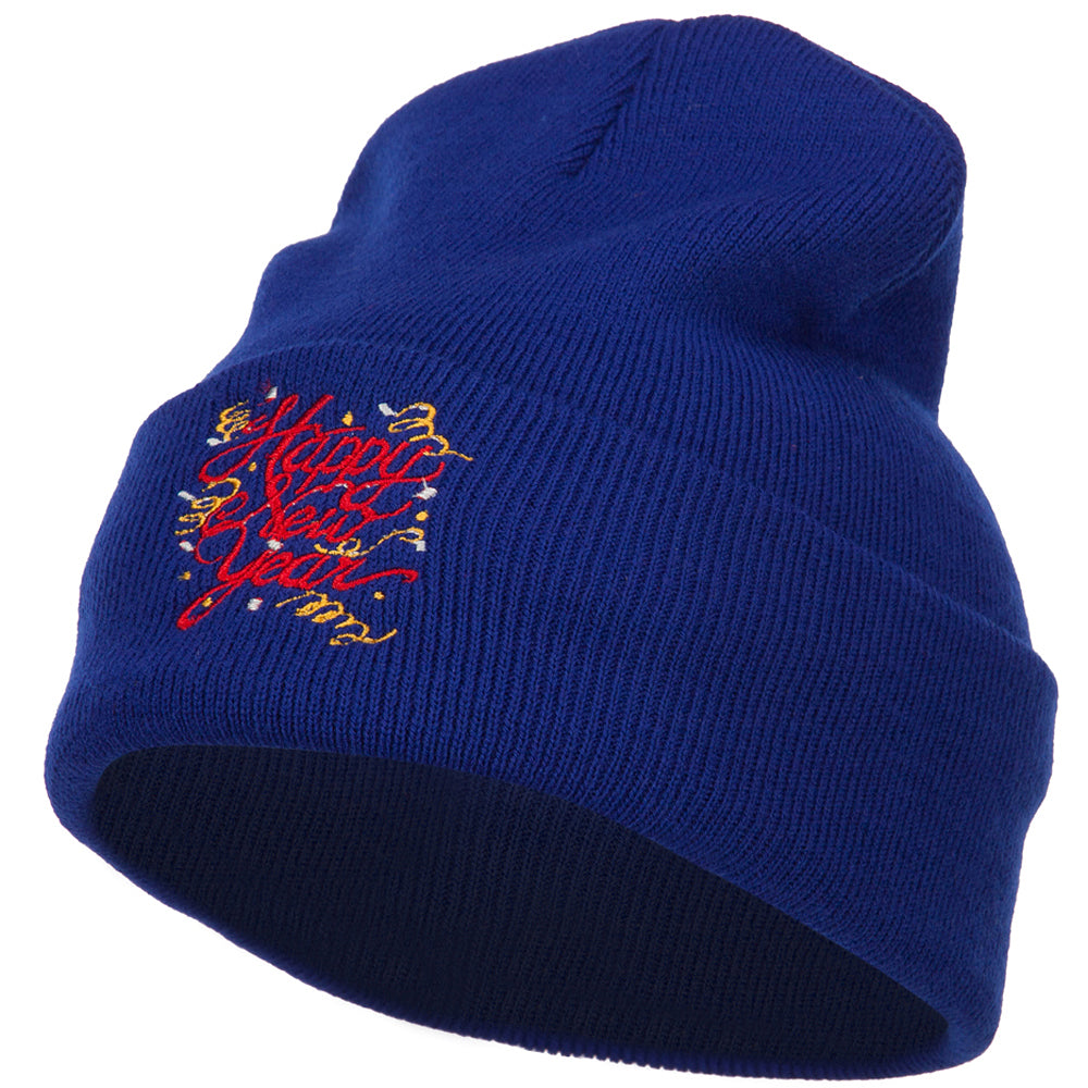 Happy New Year Embroidered Long Knitted Beanie - Royal OSFM