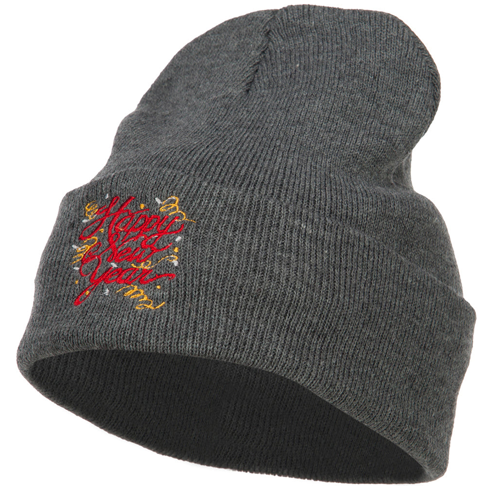 Happy New Year Embroidered Long Knitted Beanie - Dk Grey OSFM