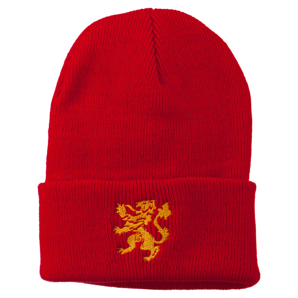 Heraldic Lion Embroidered Long Beanie - Red OSFM