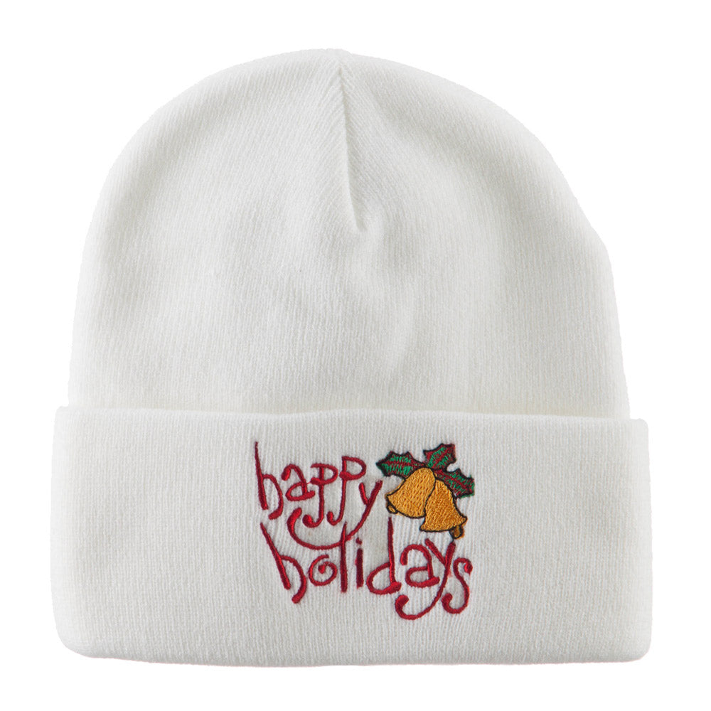 Happy Holidays with Bells Embroidered Long Beanie - White OSFM