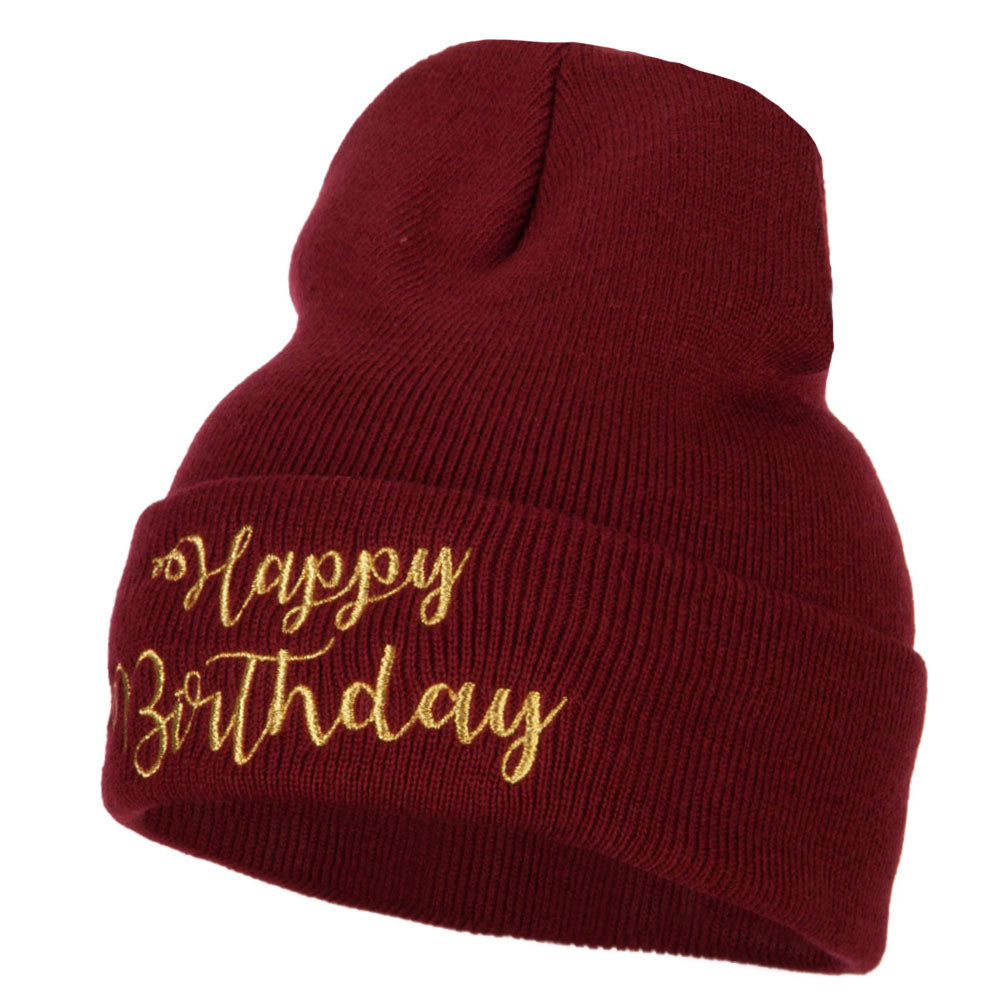 Glitter Happy Birthday Embroidered Knitted Long Beanie - Maroon OSFM