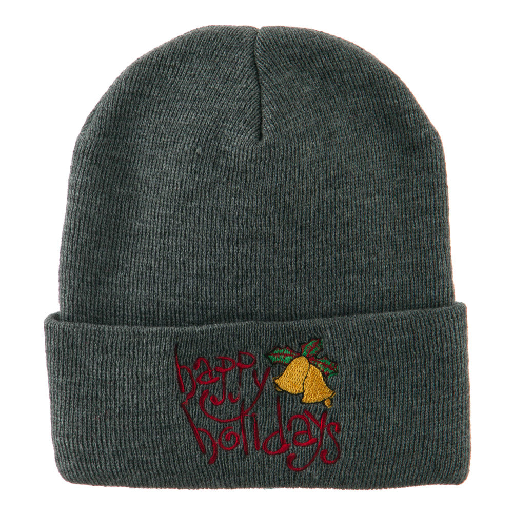 Happy Holidays with Bells Embroidered Long Beanie - Grey OSFM