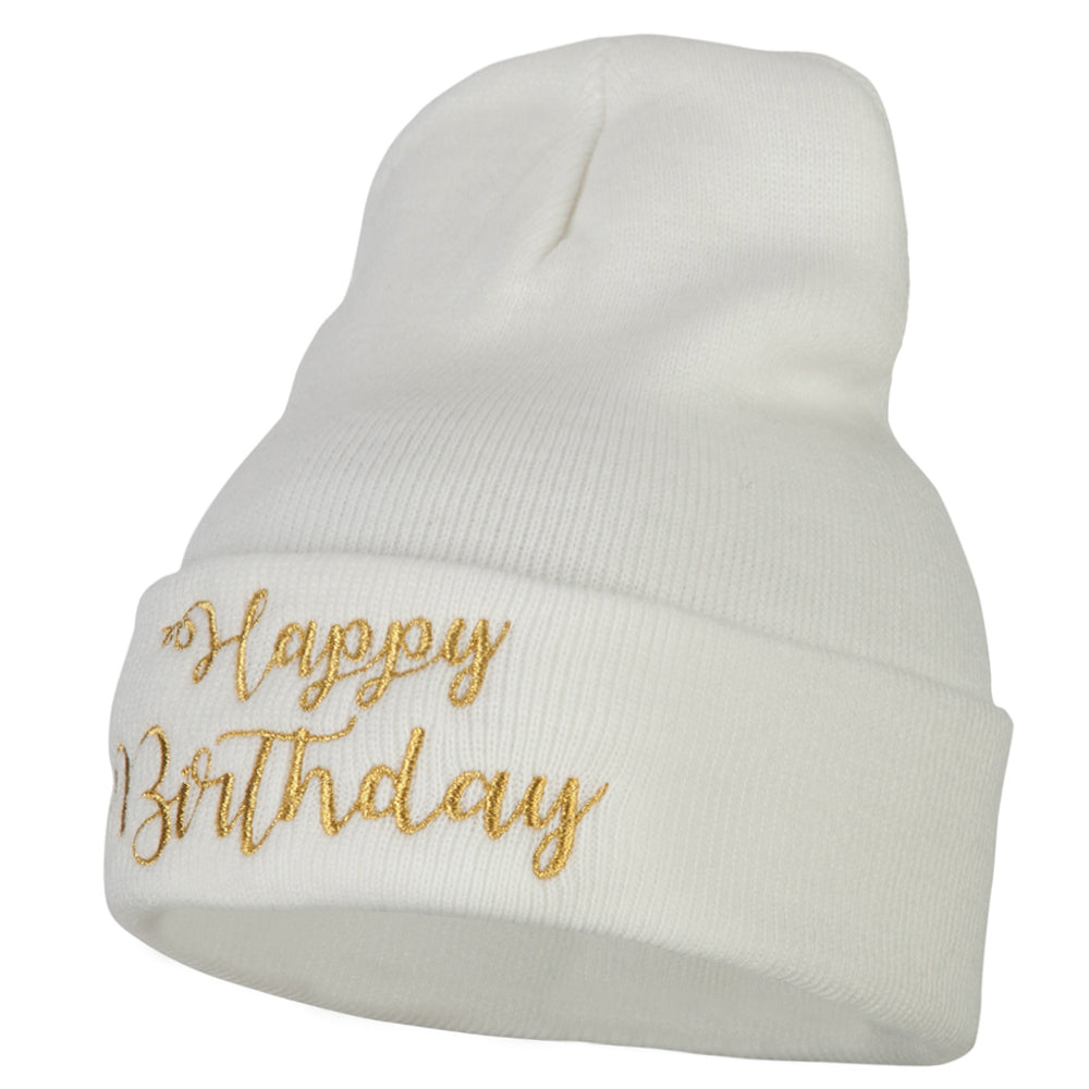 Glitter Happy Birthday Embroidered Knitted Long Beanie - White OSFM