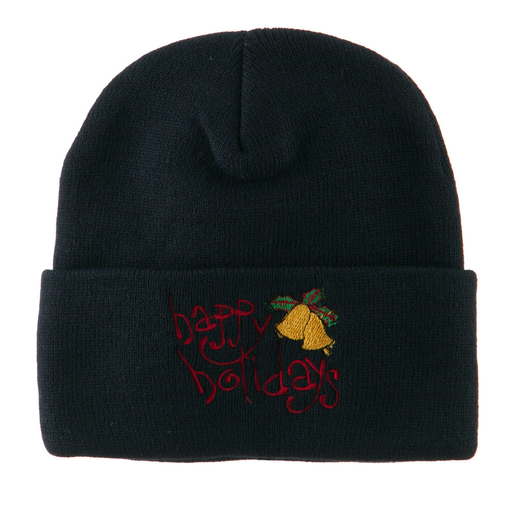 Happy Holidays with Bells Embroidered Long Beanie - Navy OSFM