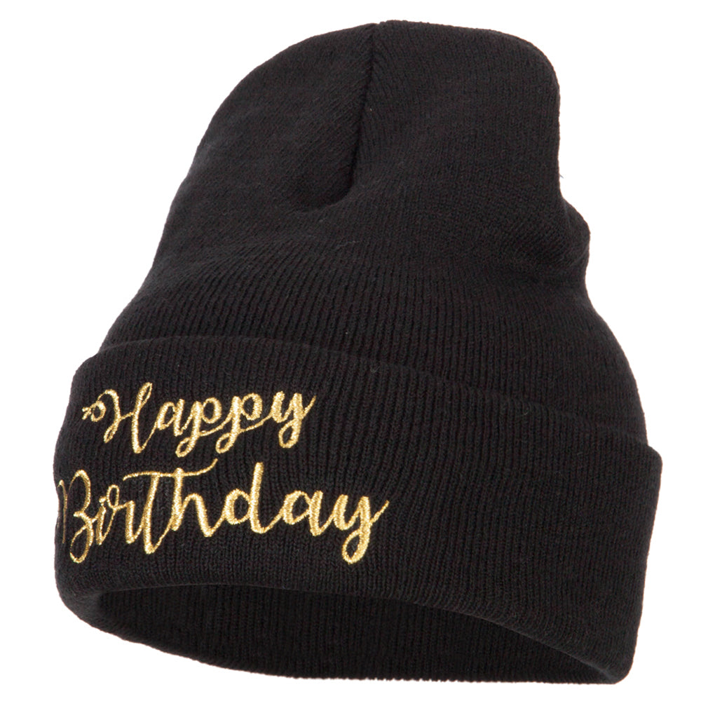 Glitter Happy Birthday Embroidered Knitted Long Beanie - Black OSFM