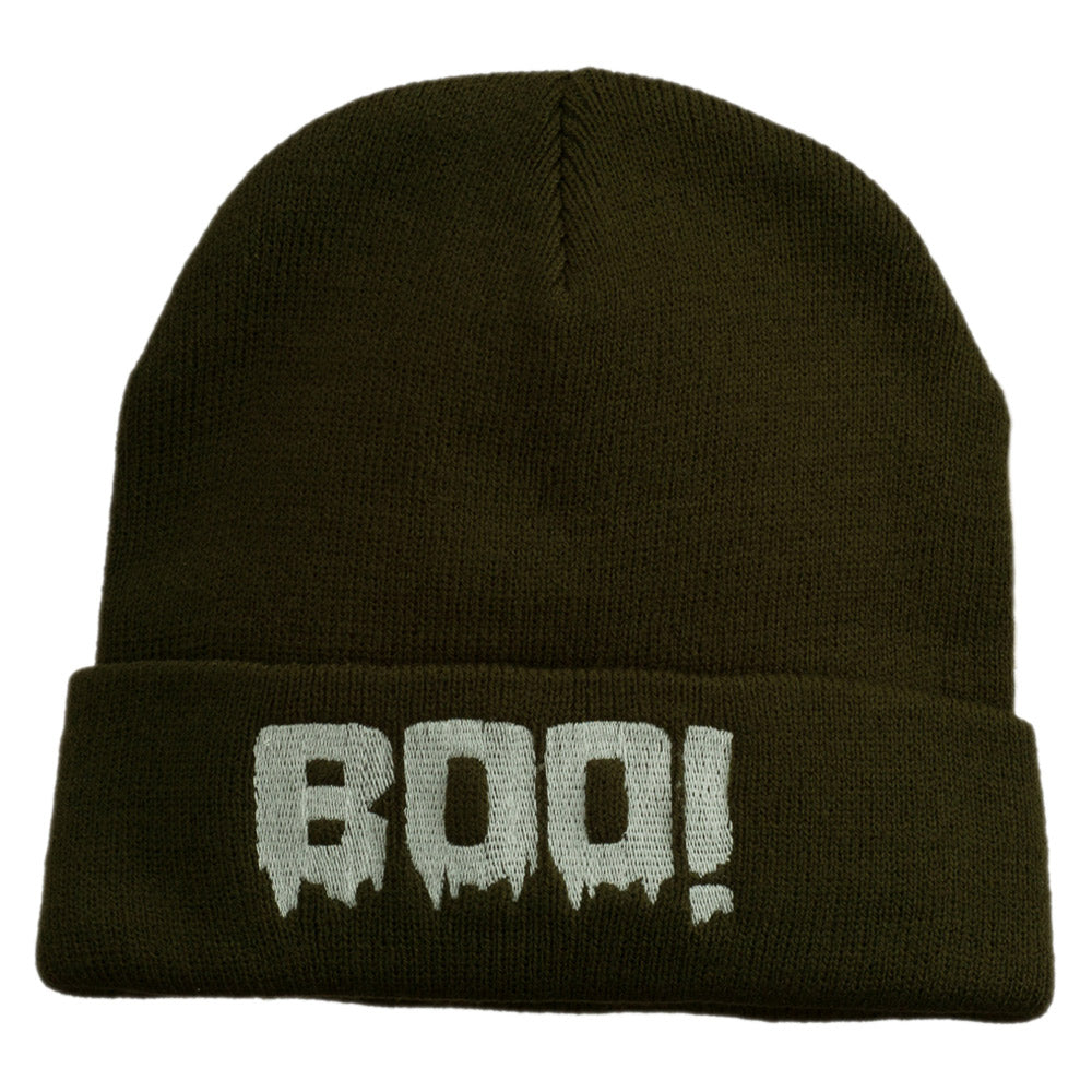 Halloween Boo Sign Embroidered Cuff Beanie - Olive OSFM