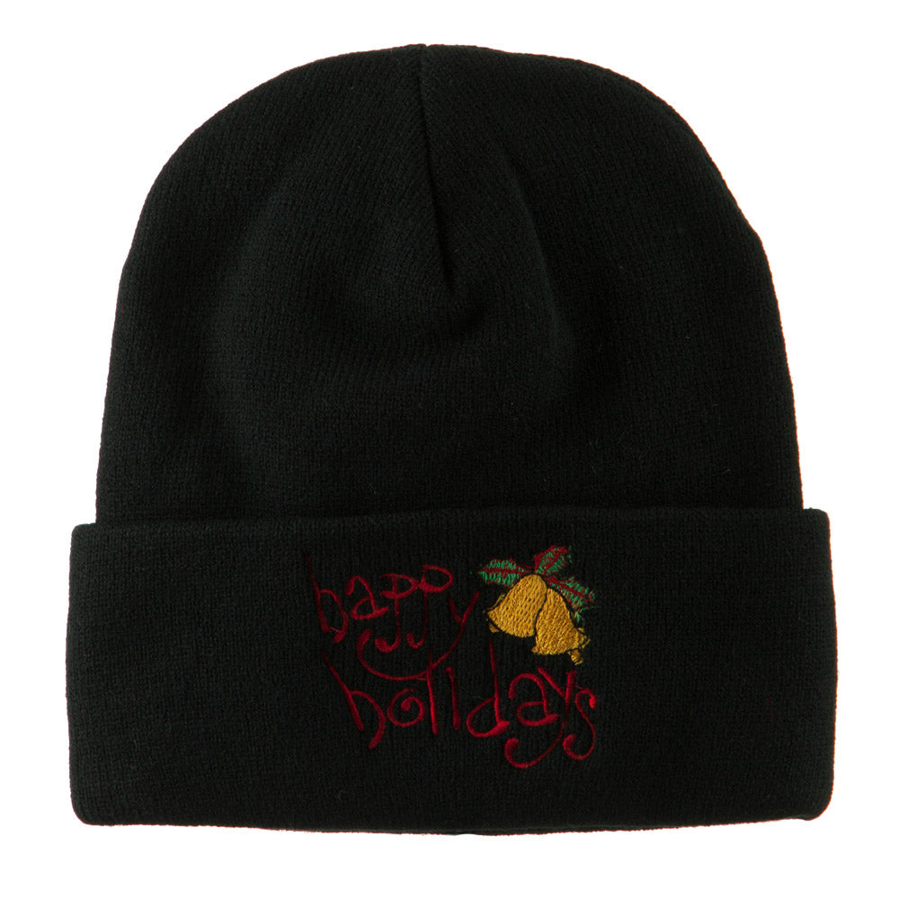 Happy Holidays with Bells Embroidered Long Beanie - Black OSFM