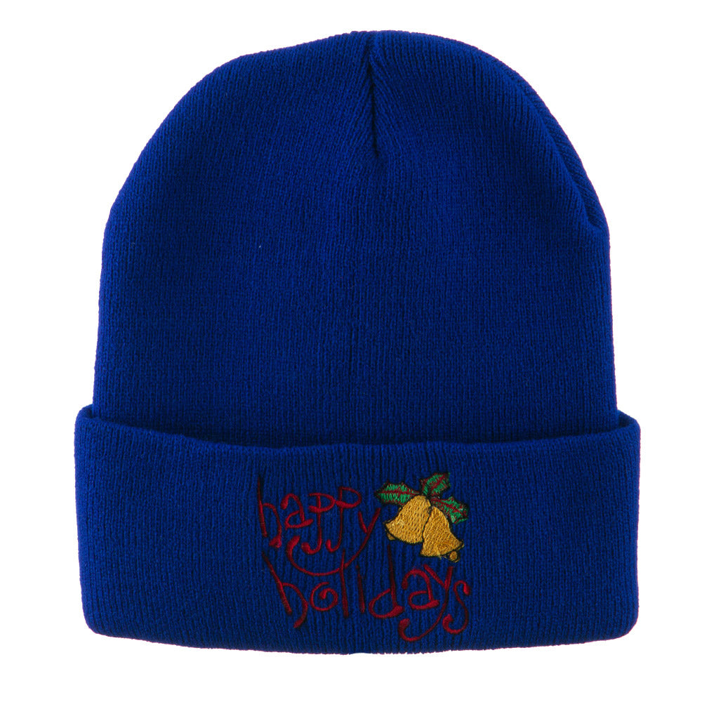 Happy Holidays with Bells Embroidered Long Beanie - Royal OSFM