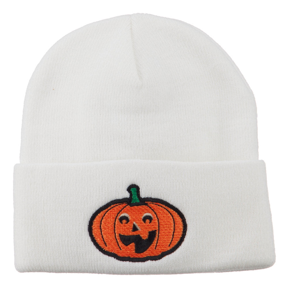 Halloween Excited Jack o Lantern Embroidered Long Beanie - White OSFM