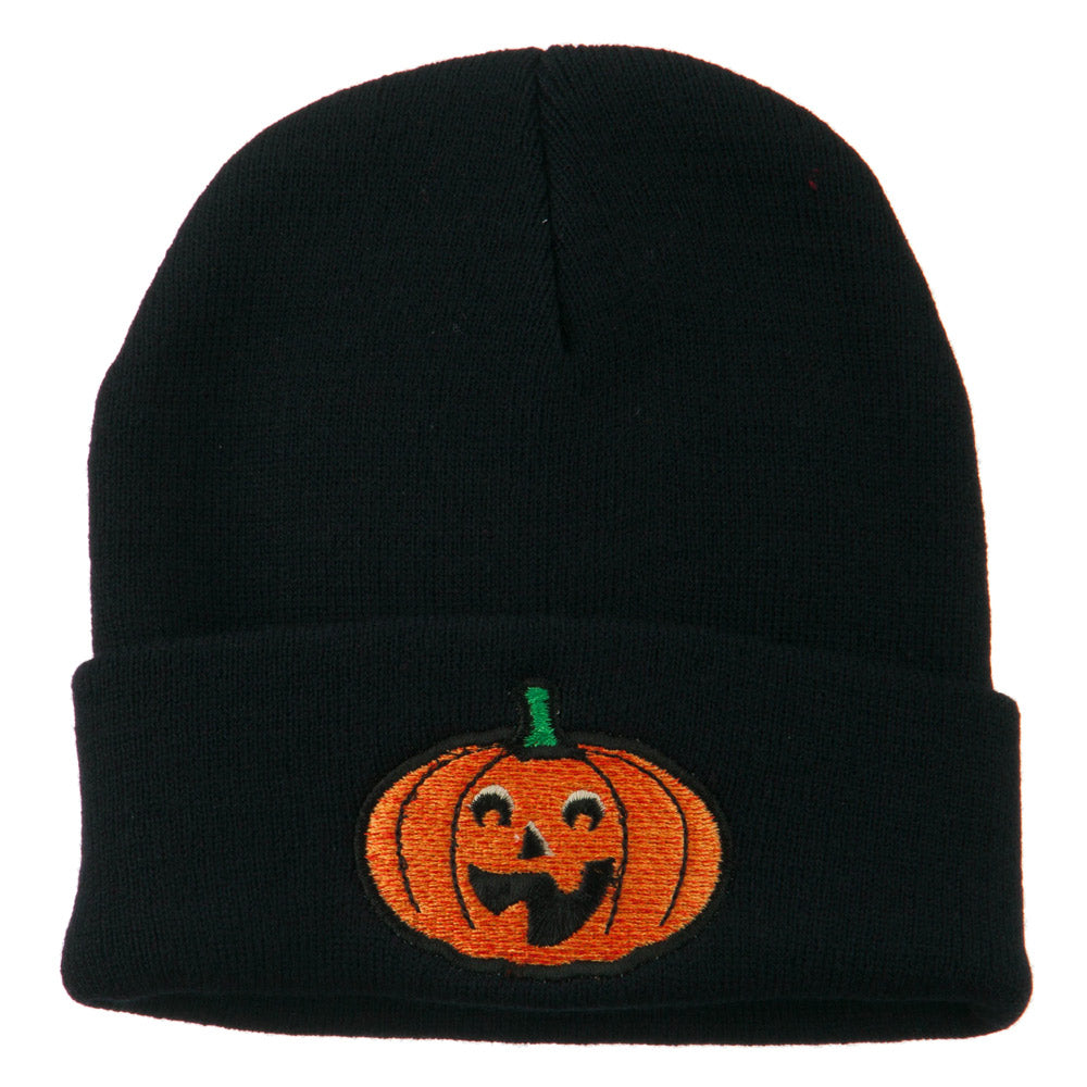 Halloween Excited Jack o Lantern Embroidered Long Beanie - Navy OSFM