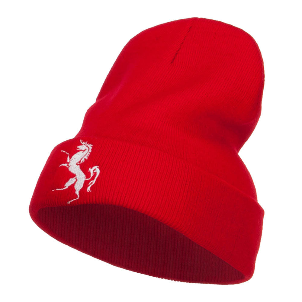 Horse Emblem Embroidered Long Beanie - Red OSFM