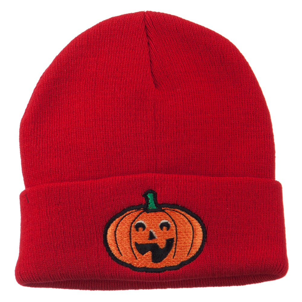Halloween Excited Jack o Lantern Embroidered Long Beanie - Red OSFM