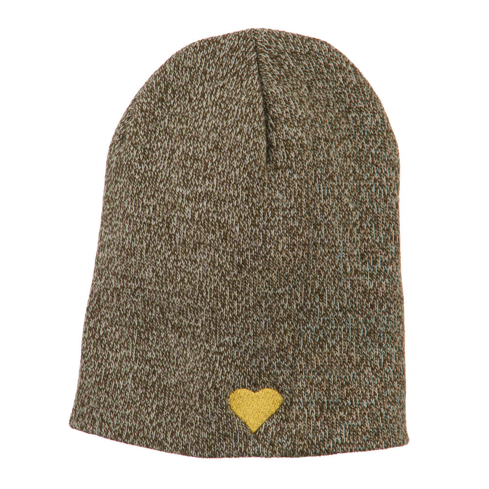 Heart Embroidered Short Beanie - Olive OSFM
