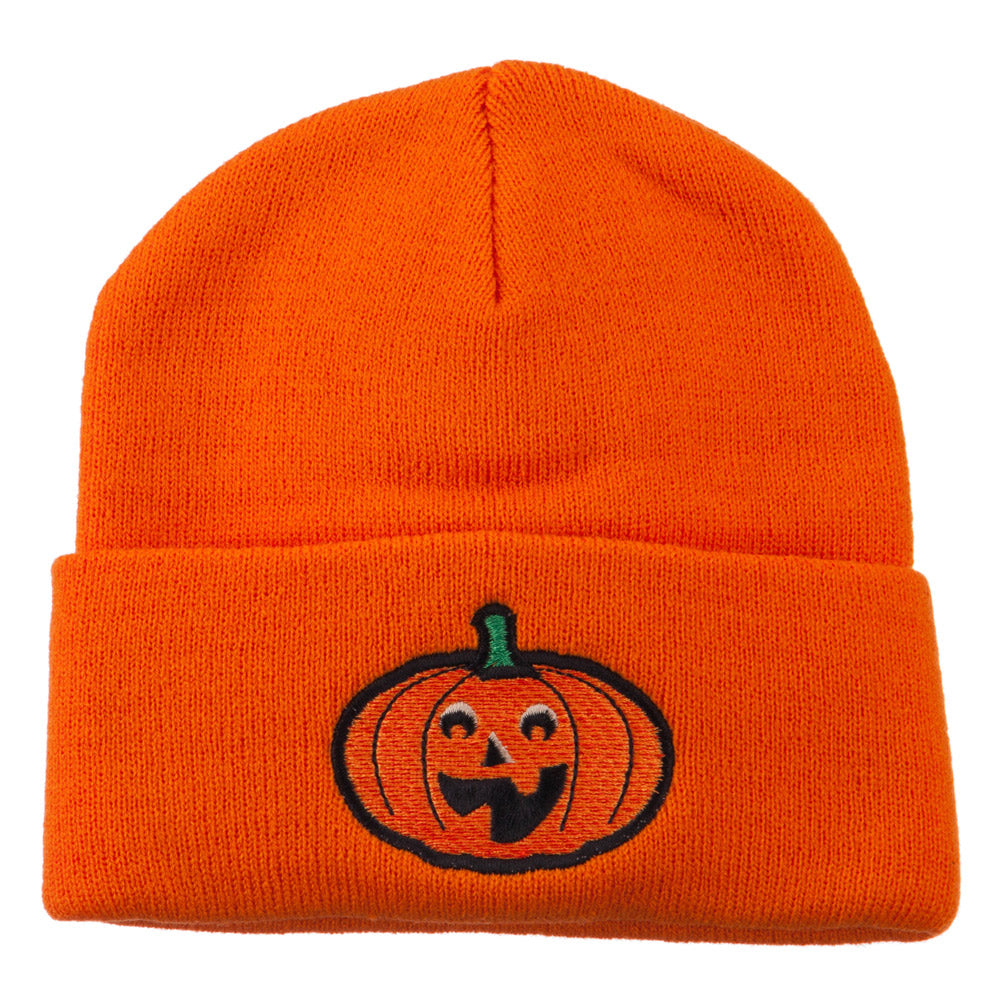 Halloween Excited Jack o Lantern Embroidered Long Beanie - Orange OSFM