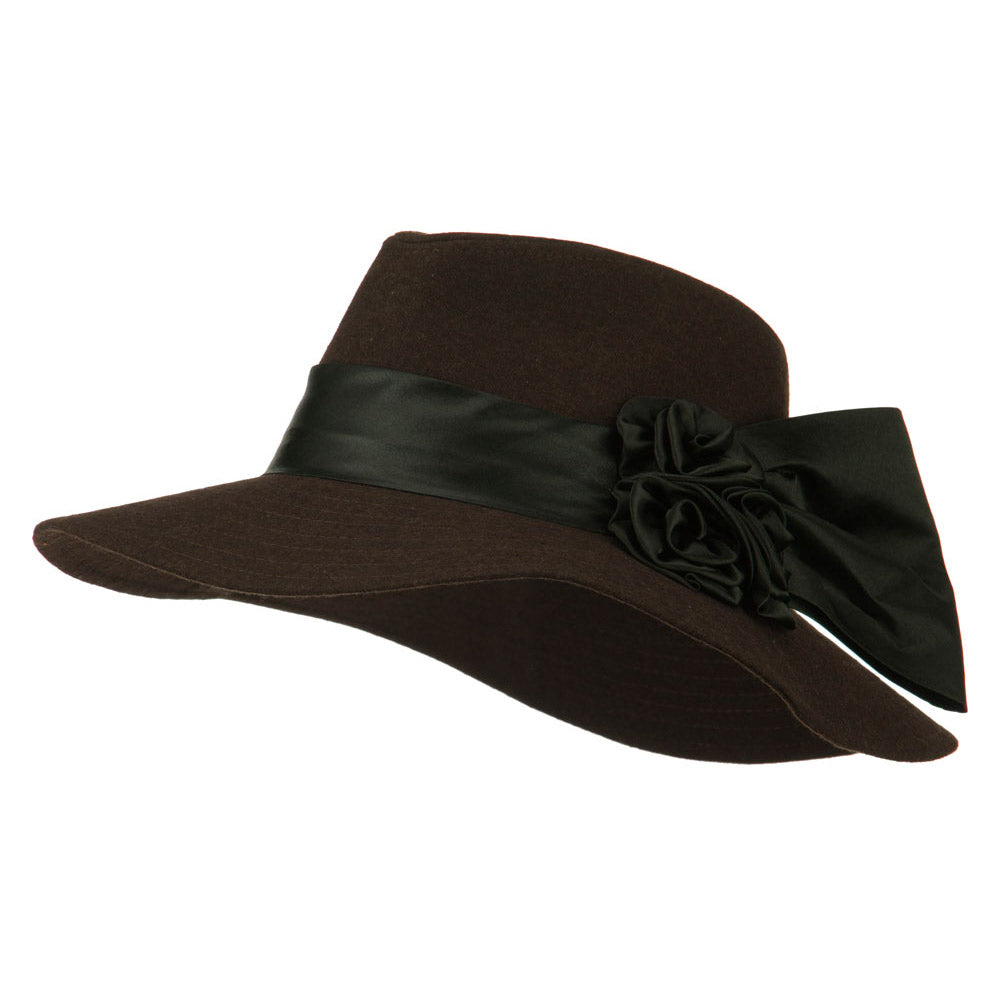 Wide Brim Dressy Hat with Flower Decoration - Brown OSFM