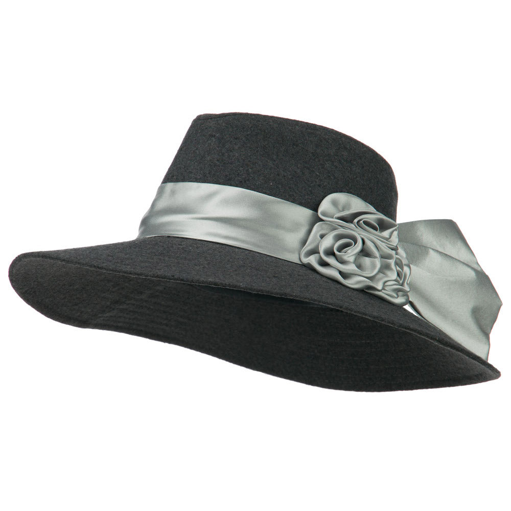 Wide Brim Dressy Hat with Flower Decoration - Grey OSFM